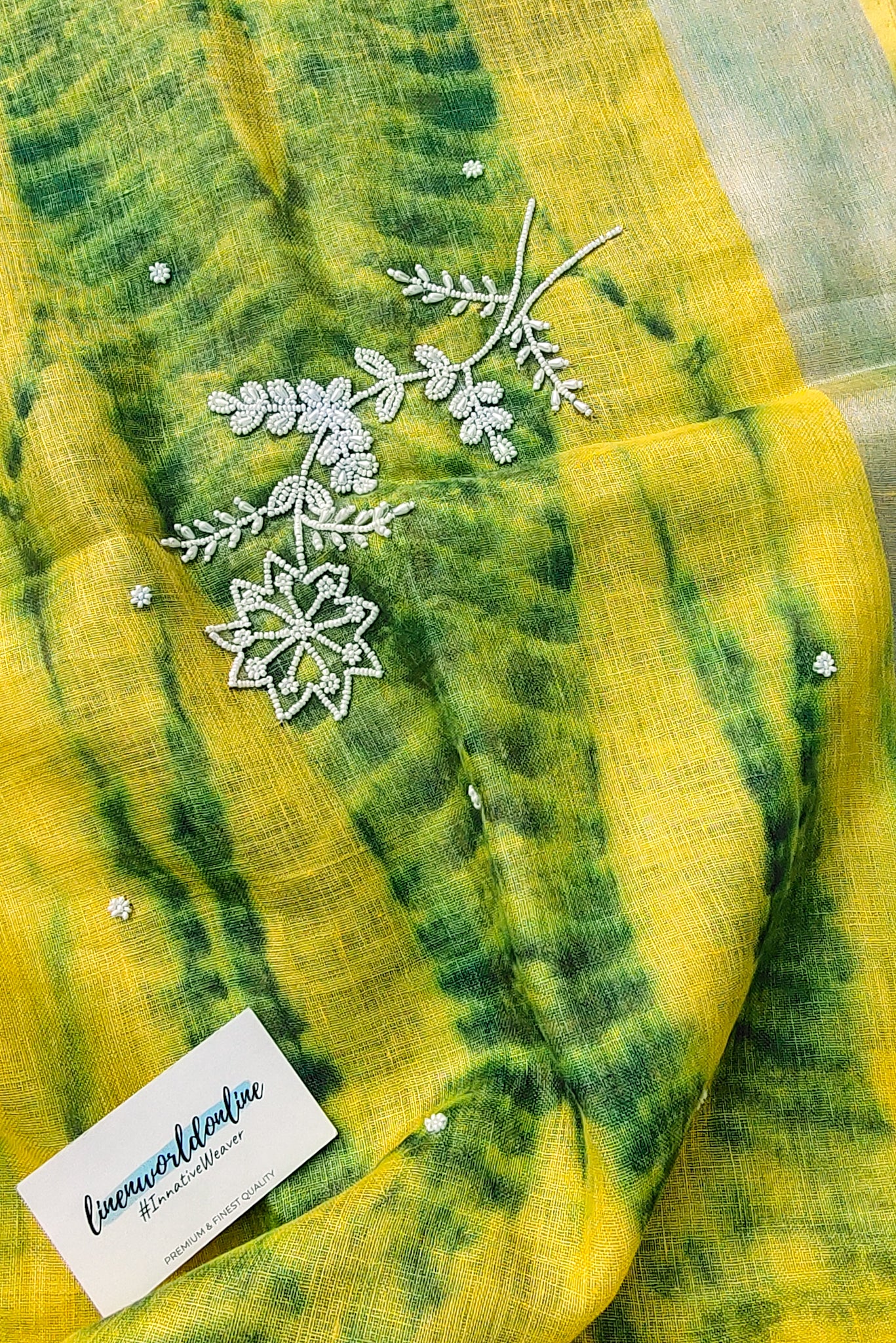 alya - pure shibori linen pearl hand embroidered saree - linenworldonline.in