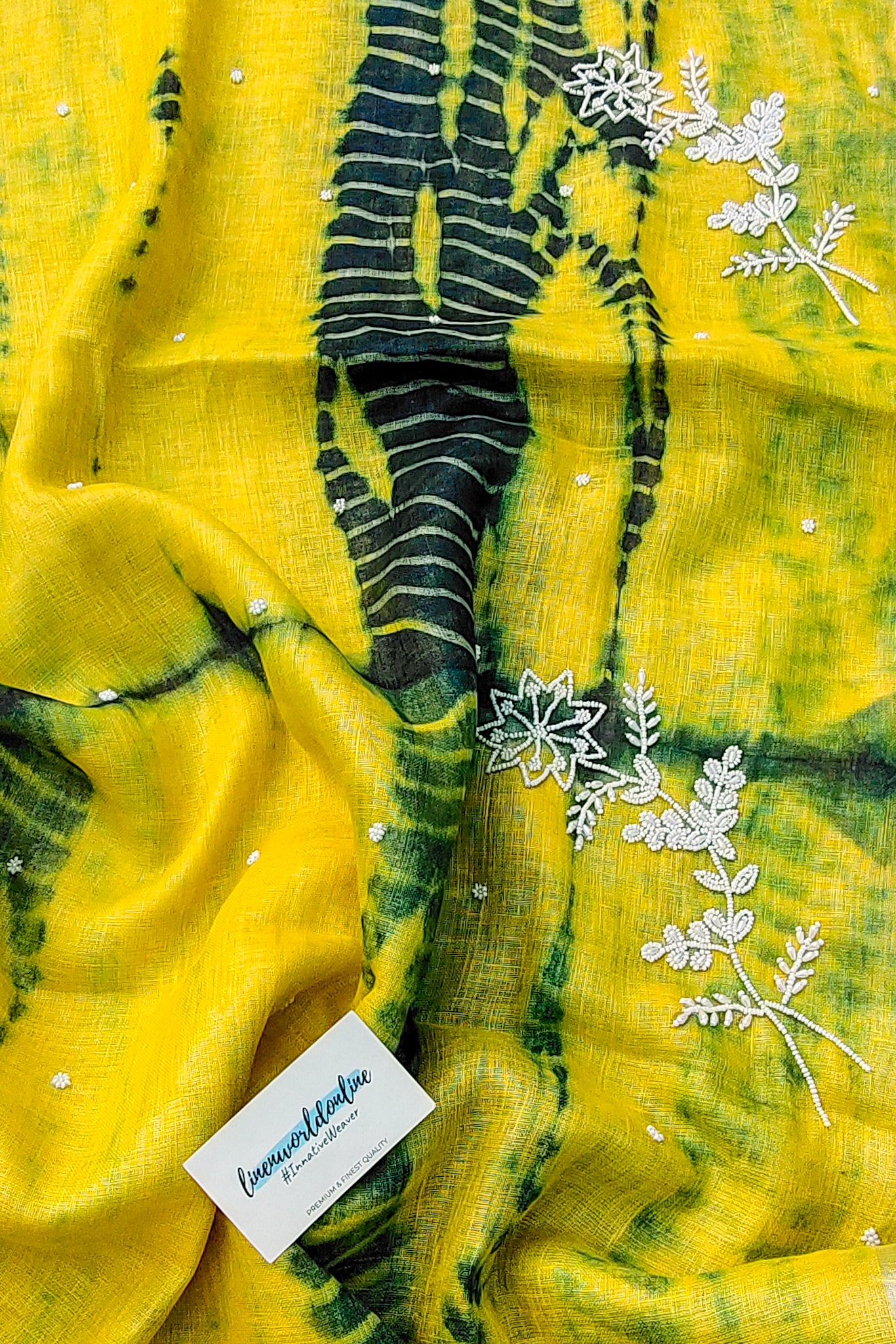 alya - pure shibori linen pearl hand embroidered saree - linenworldonline.in
