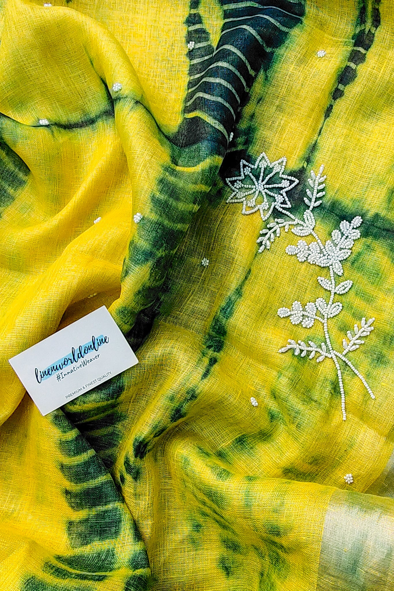 alya - pure shibori linen pearl hand embroidered saree - linenworldonline.in