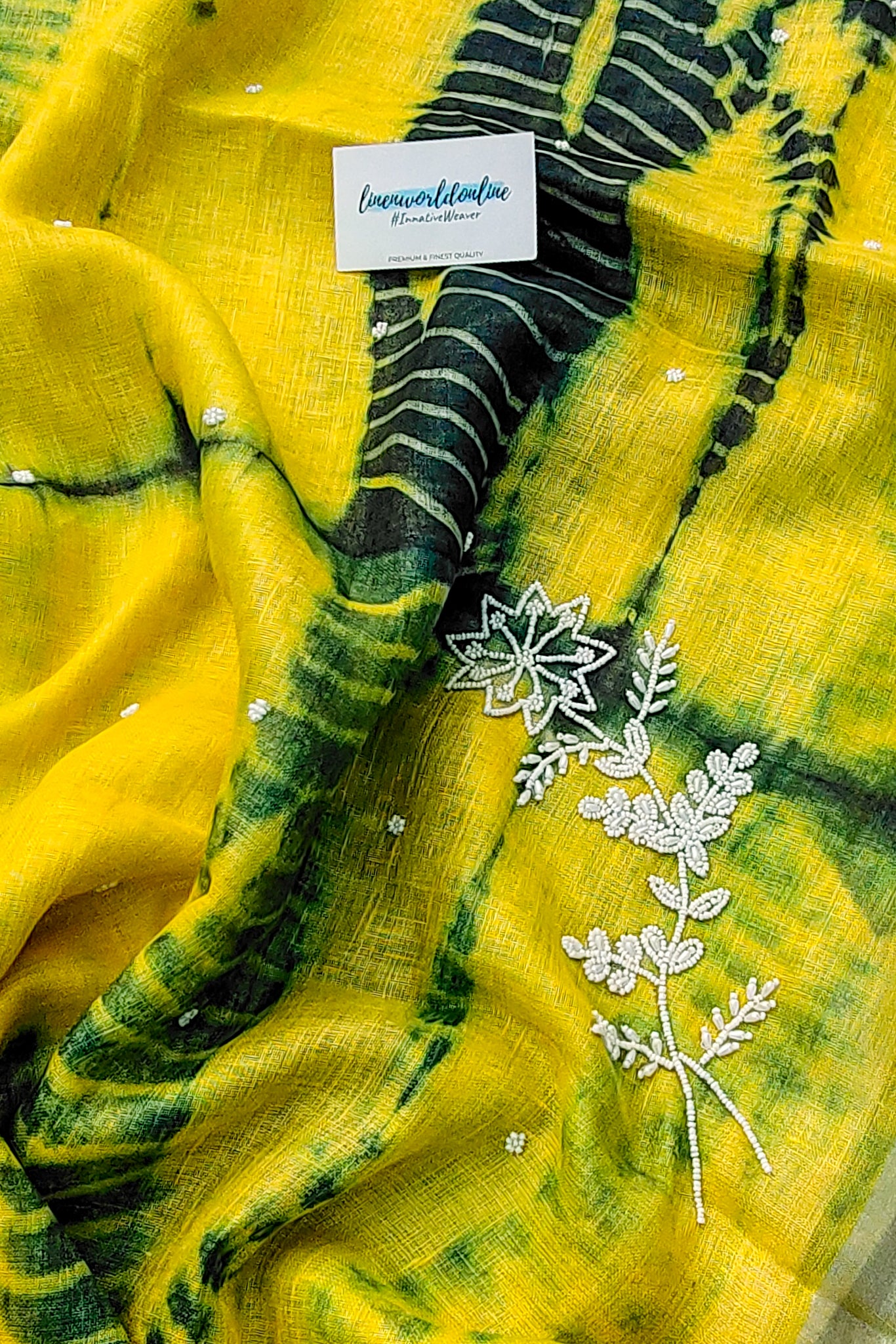 alya - pure shibori linen pearl hand embroidered saree - linenworldonline.in