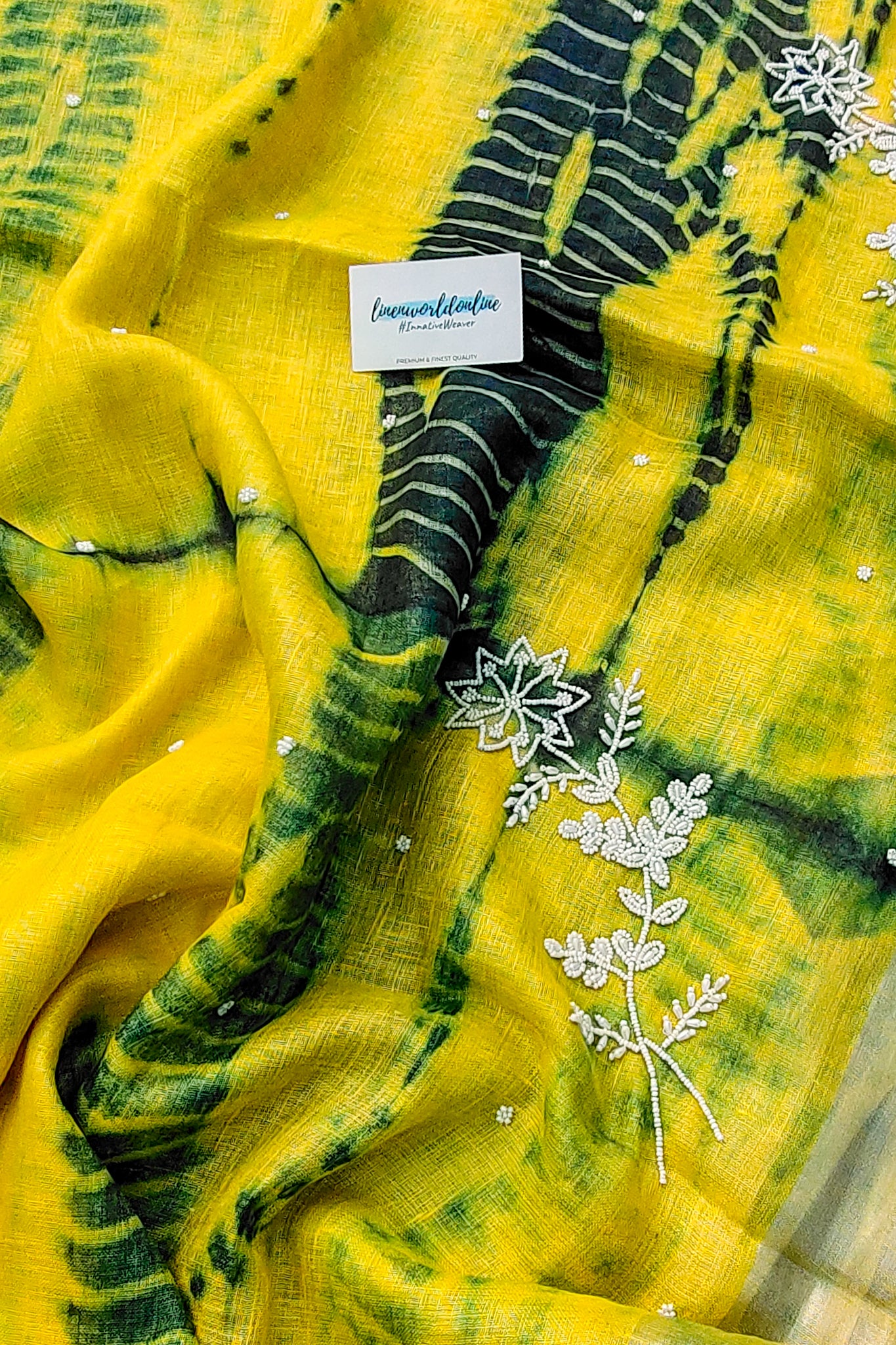 alya - pure shibori linen pearl hand embroidered saree - linenworldonline.in