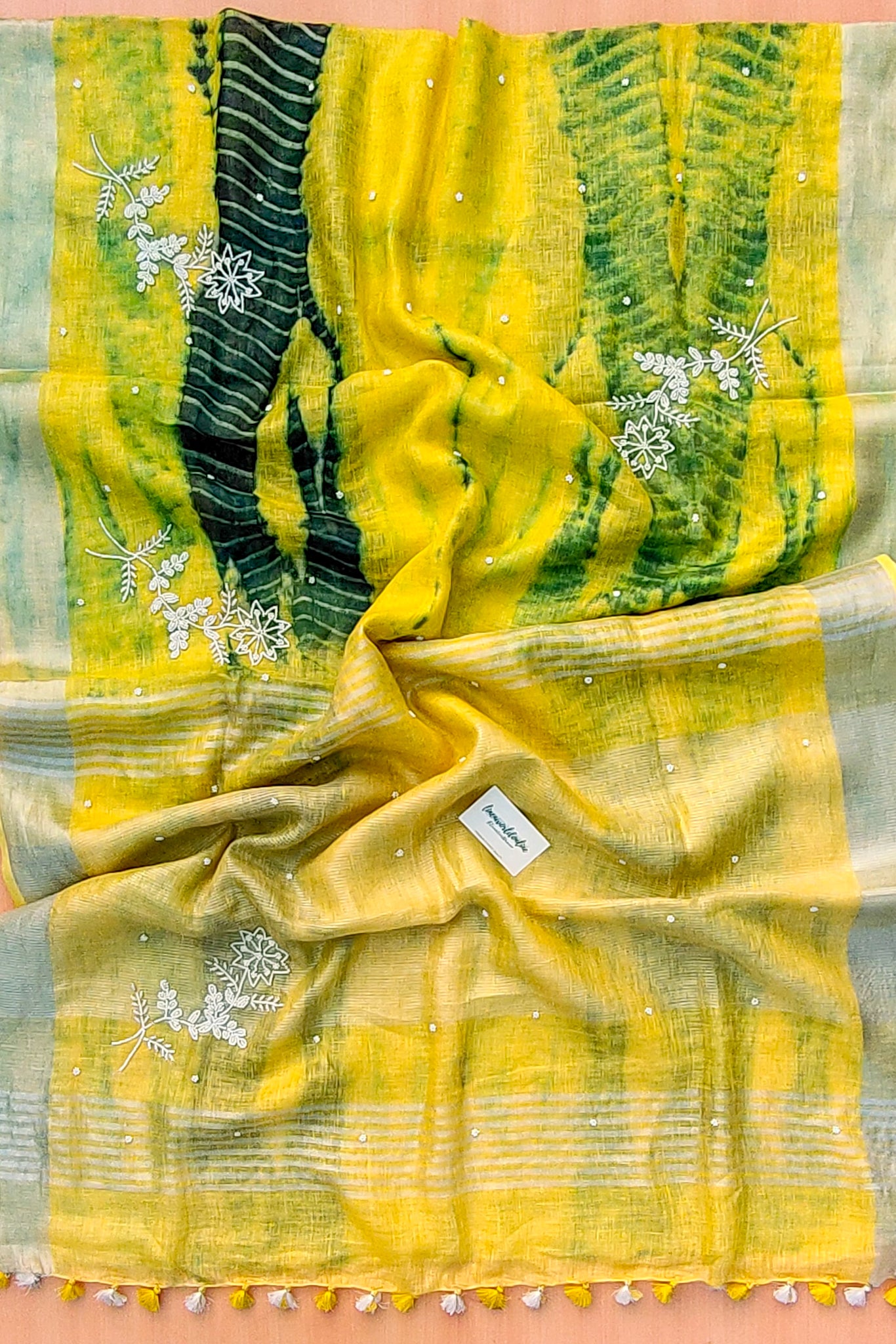alya - pure shibori linen pearl hand embroidered saree - linenworldonline.in