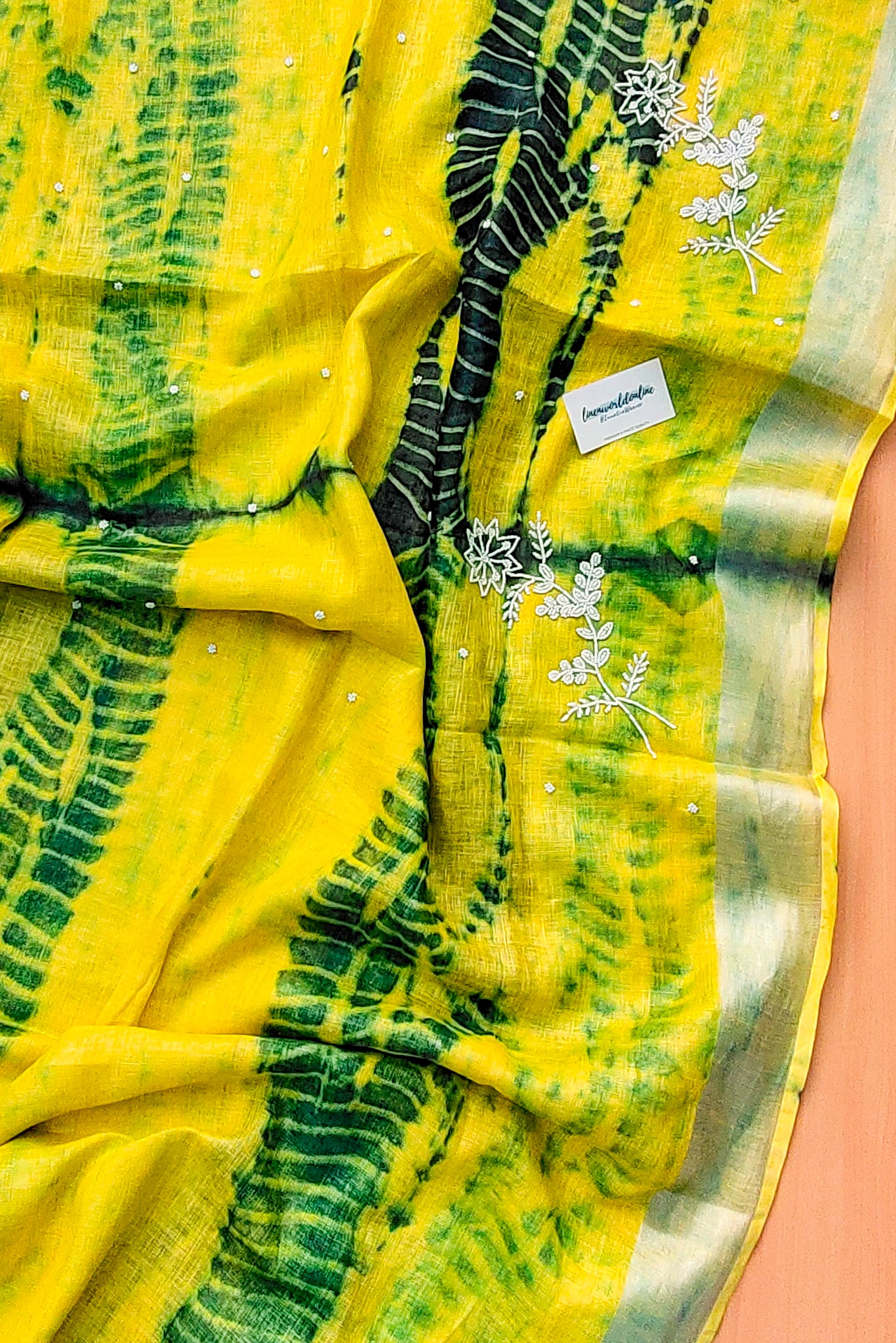 alya - pure shibori linen pearl hand embroidered saree - linenworldonline.in