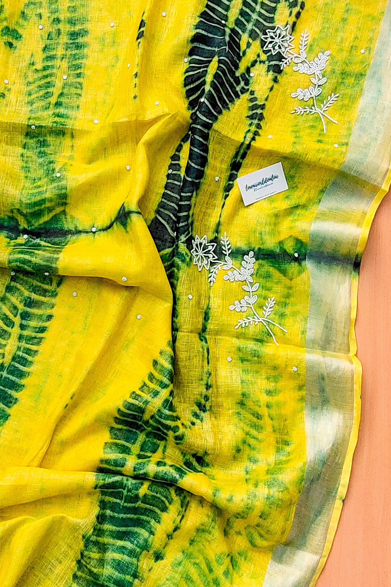 alya - pure shibori linen pearl hand embroidered saree - linenworldonline.in