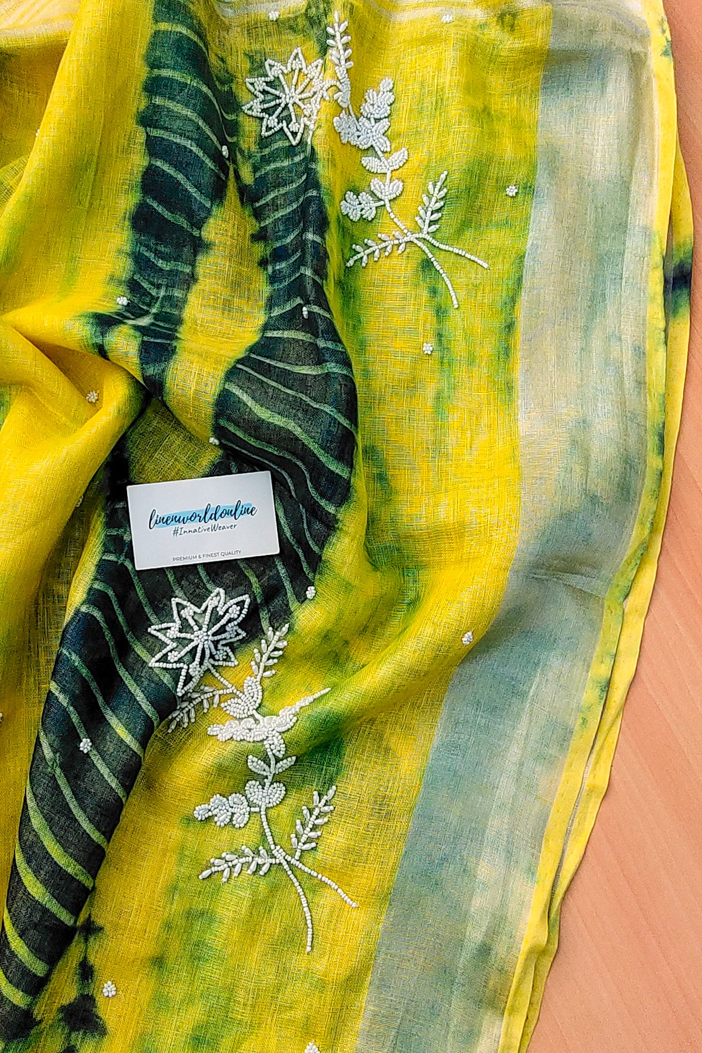 alya - pure shibori linen pearl hand embroidered saree - linenworldonline.in