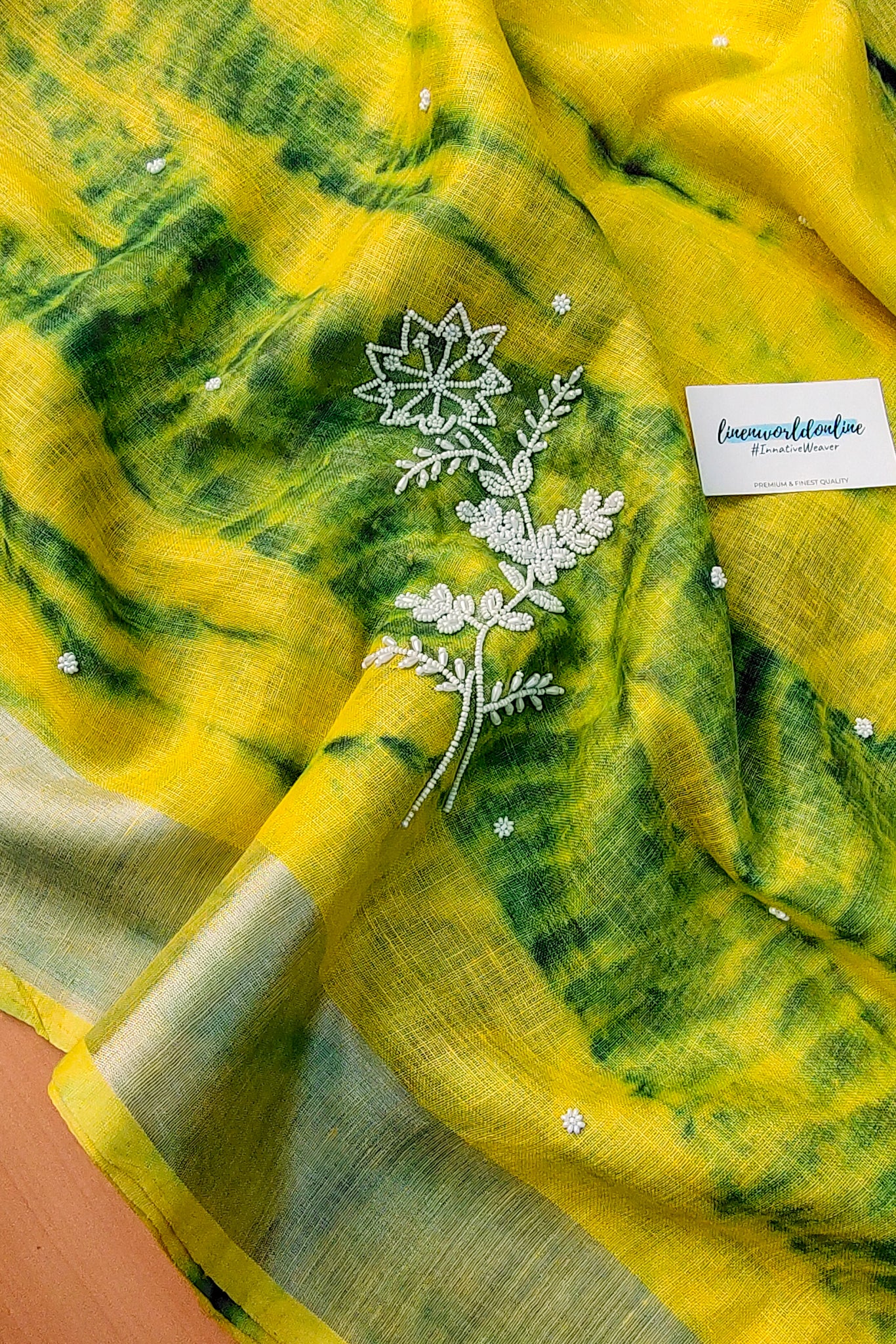 alya - pure shibori linen pearl hand embroidered saree - linenworldonline.in