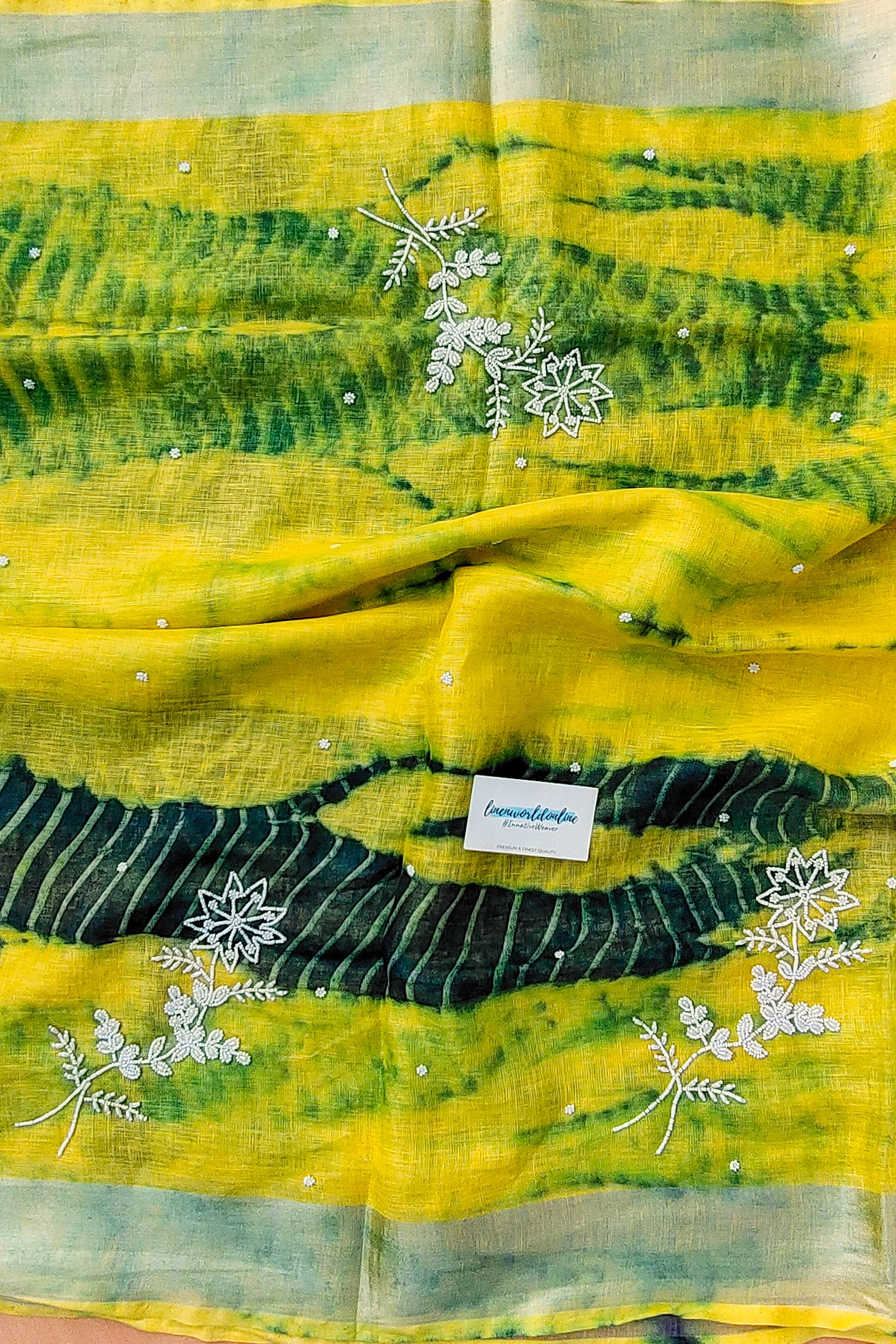 alya - pure shibori linen pearl hand embroidered saree - linenworldonline.in