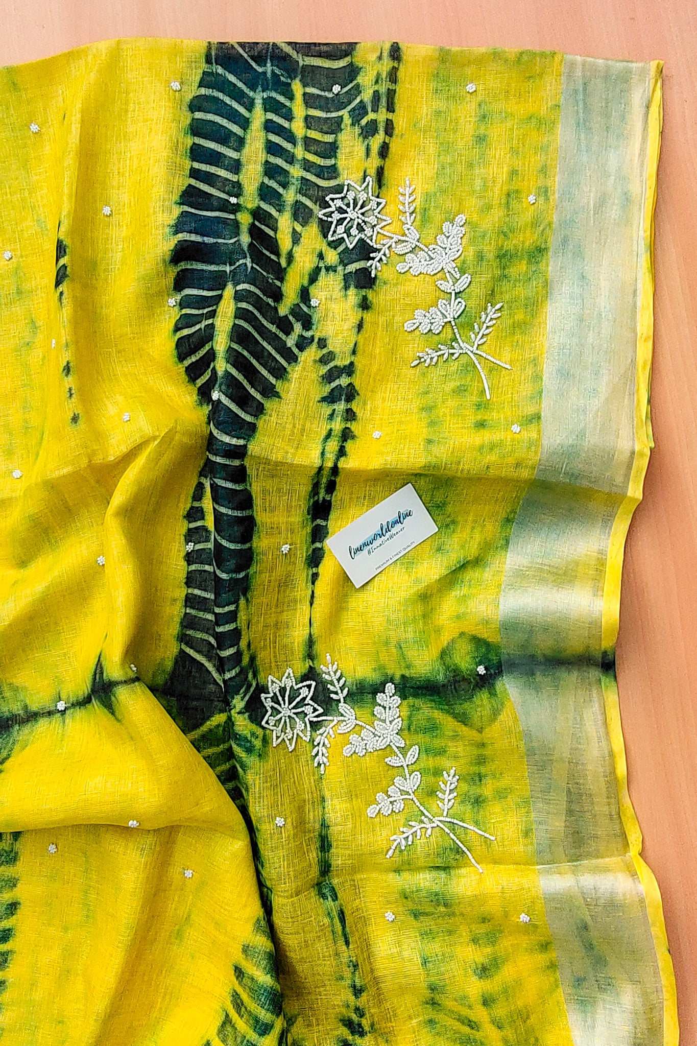 alya - pure shibori linen pearl hand embroidered saree - linenworldonline.in