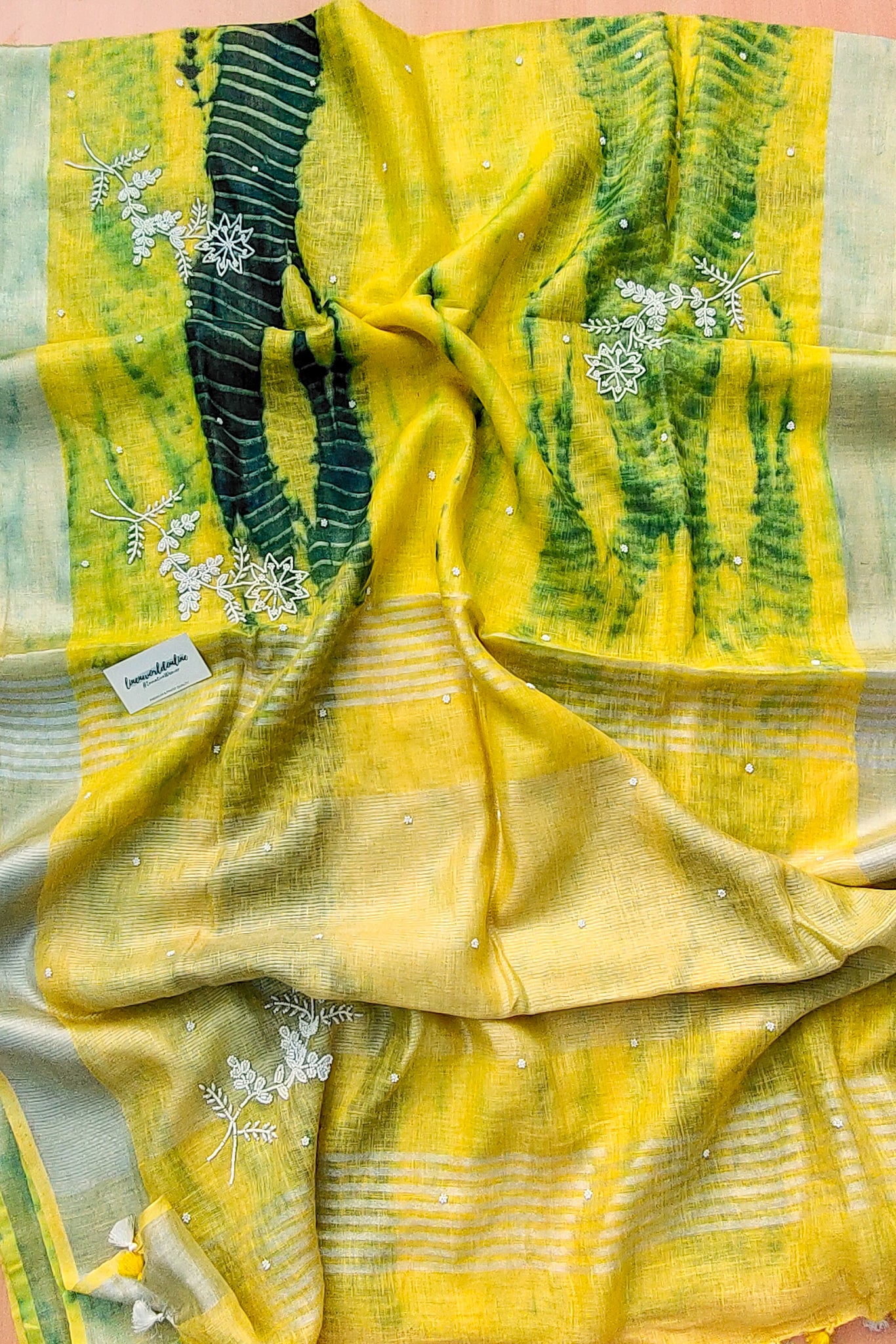 alya - pure shibori linen pearl hand embroidered saree - linenworldonline.in
