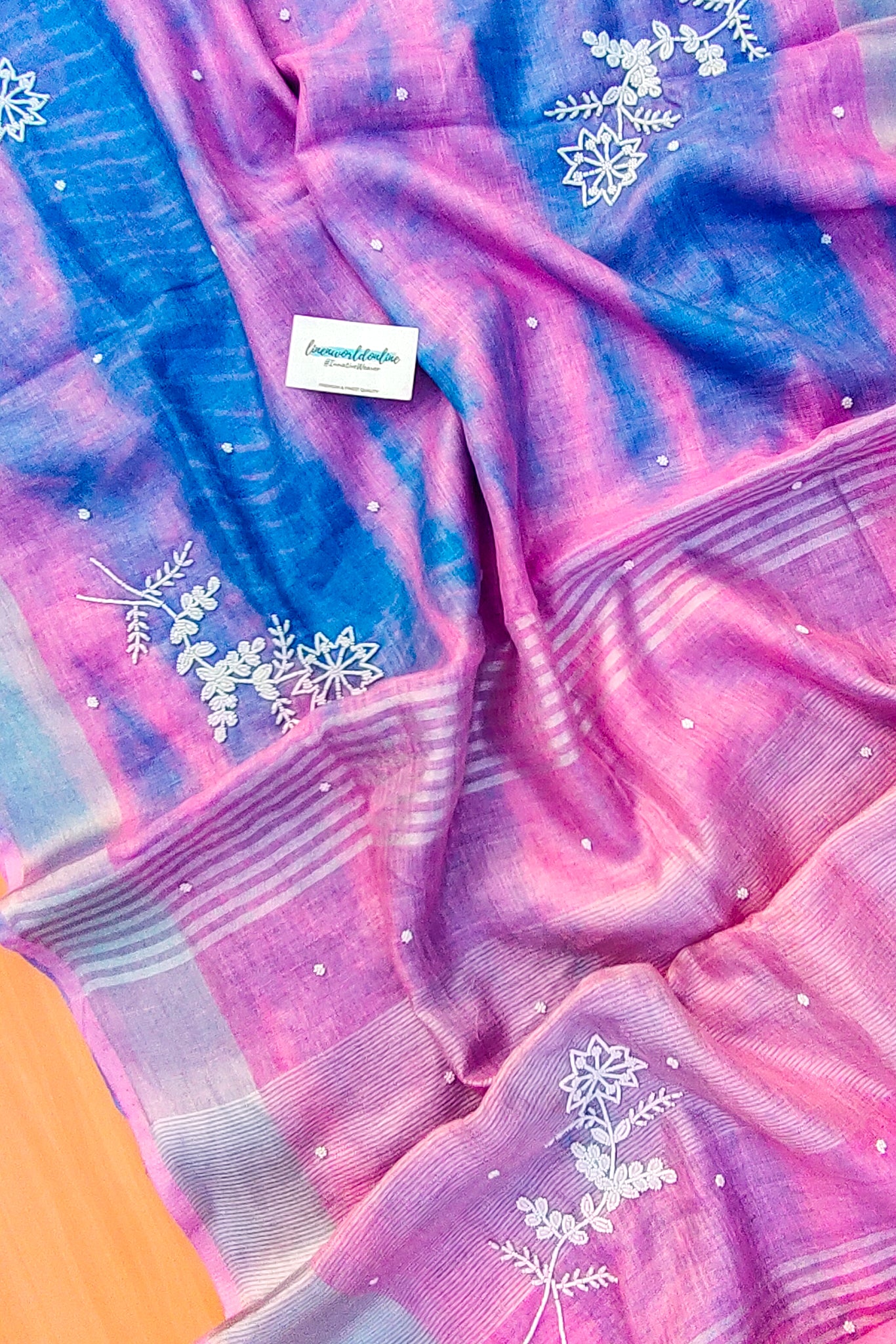 vaani - pure shibori linen pearl hand embroidered saree - linenworldonline.in