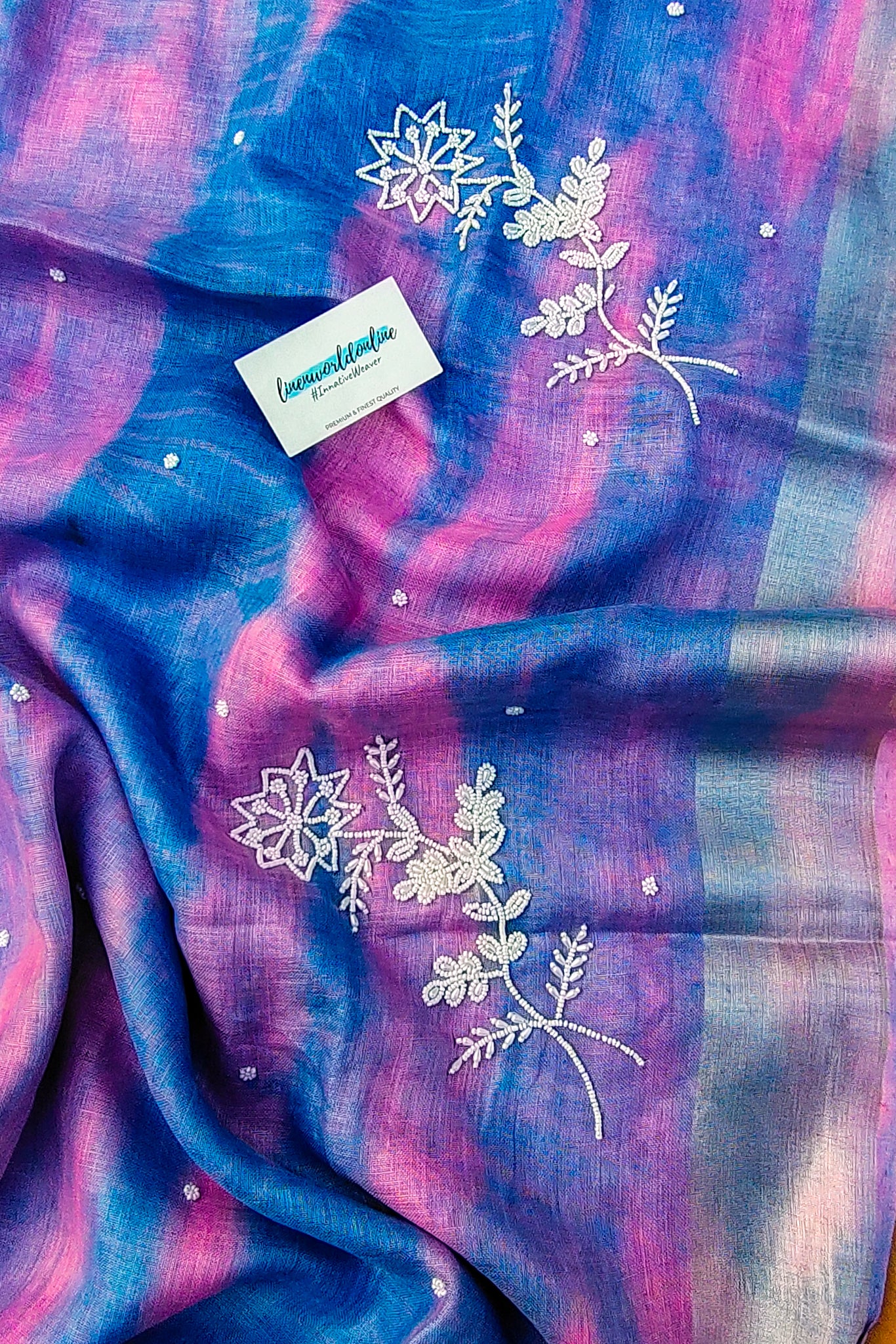 vaani - pure shibori linen pearl hand embroidered saree - linenworldonline.in