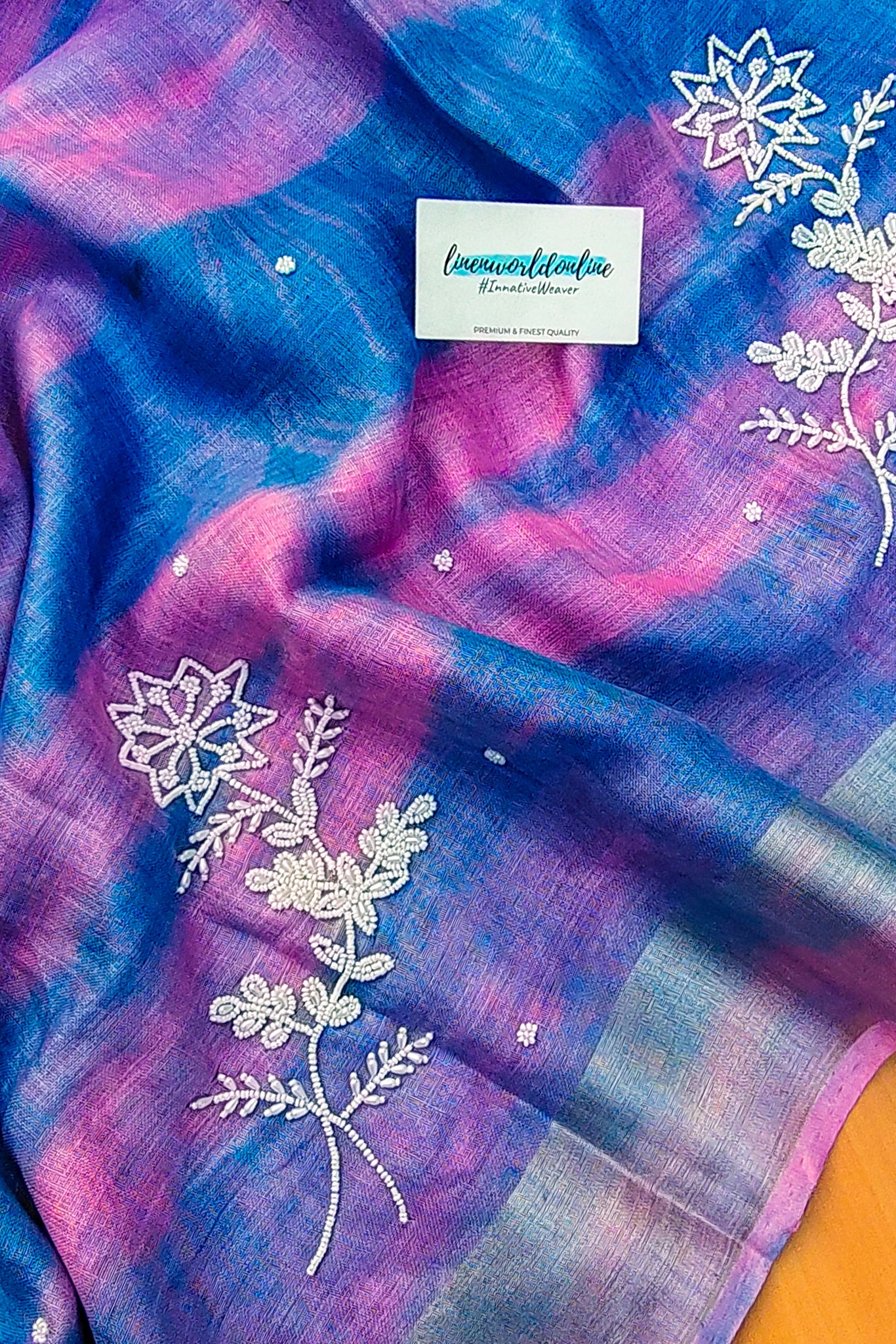vaani - pure shibori linen pearl hand embroidered saree - linenworldonline.in