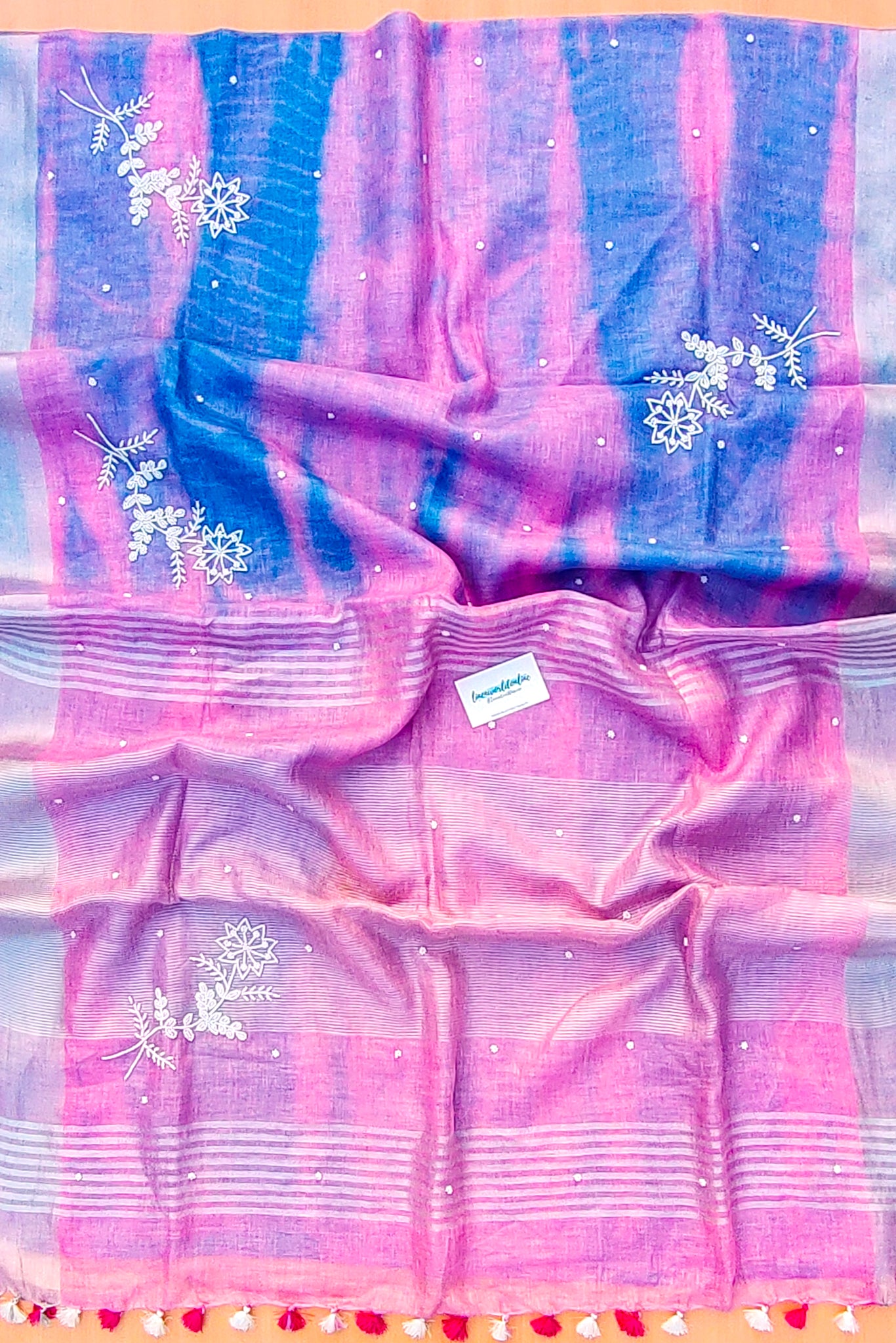 vaani - pure shibori linen pearl hand embroidered saree - linenworldonline.in