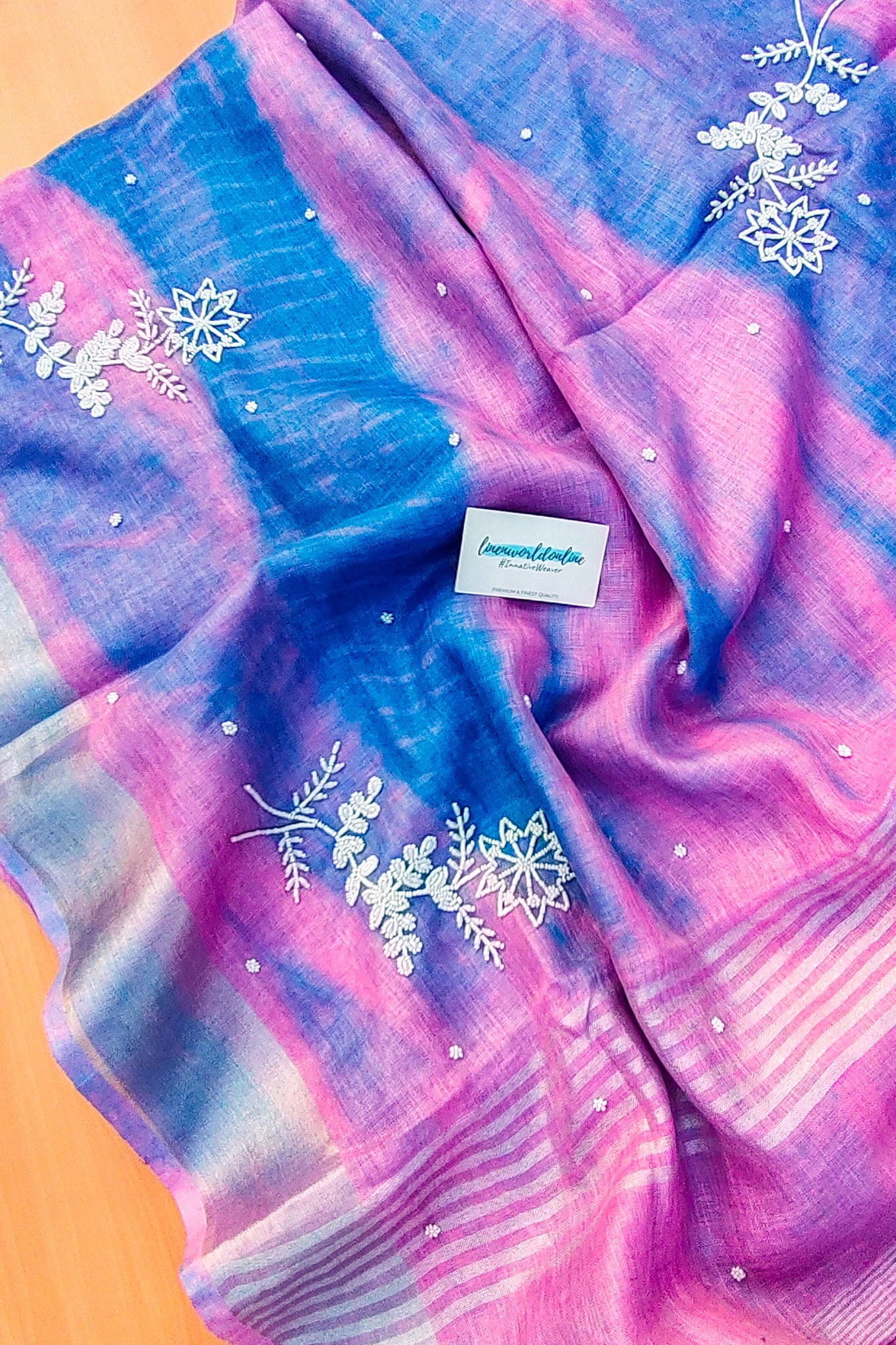 vaani - pure shibori linen pearl hand embroidered saree - linenworldonline.in