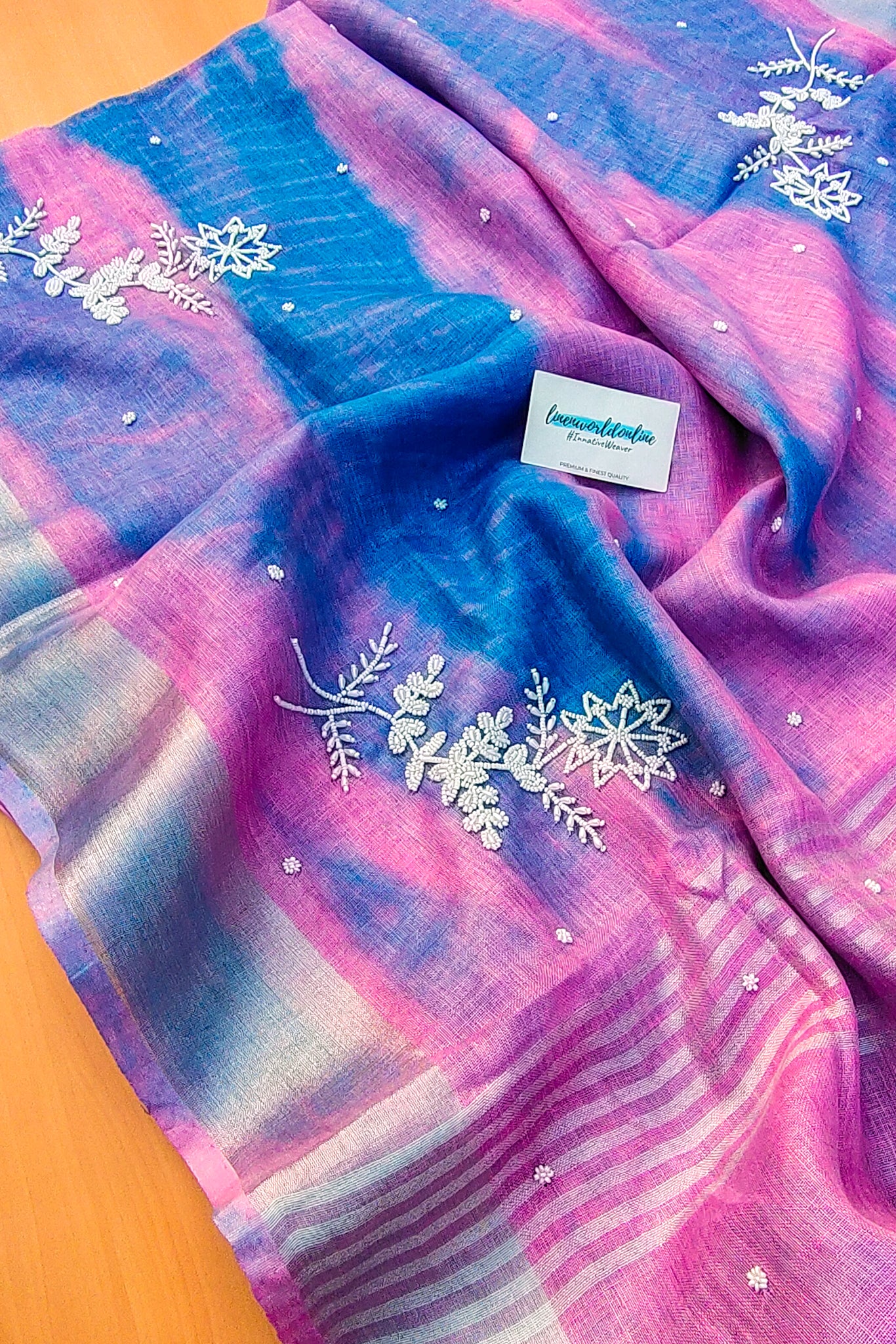 vaani - pure shibori linen pearl hand embroidered saree - linenworldonline.in