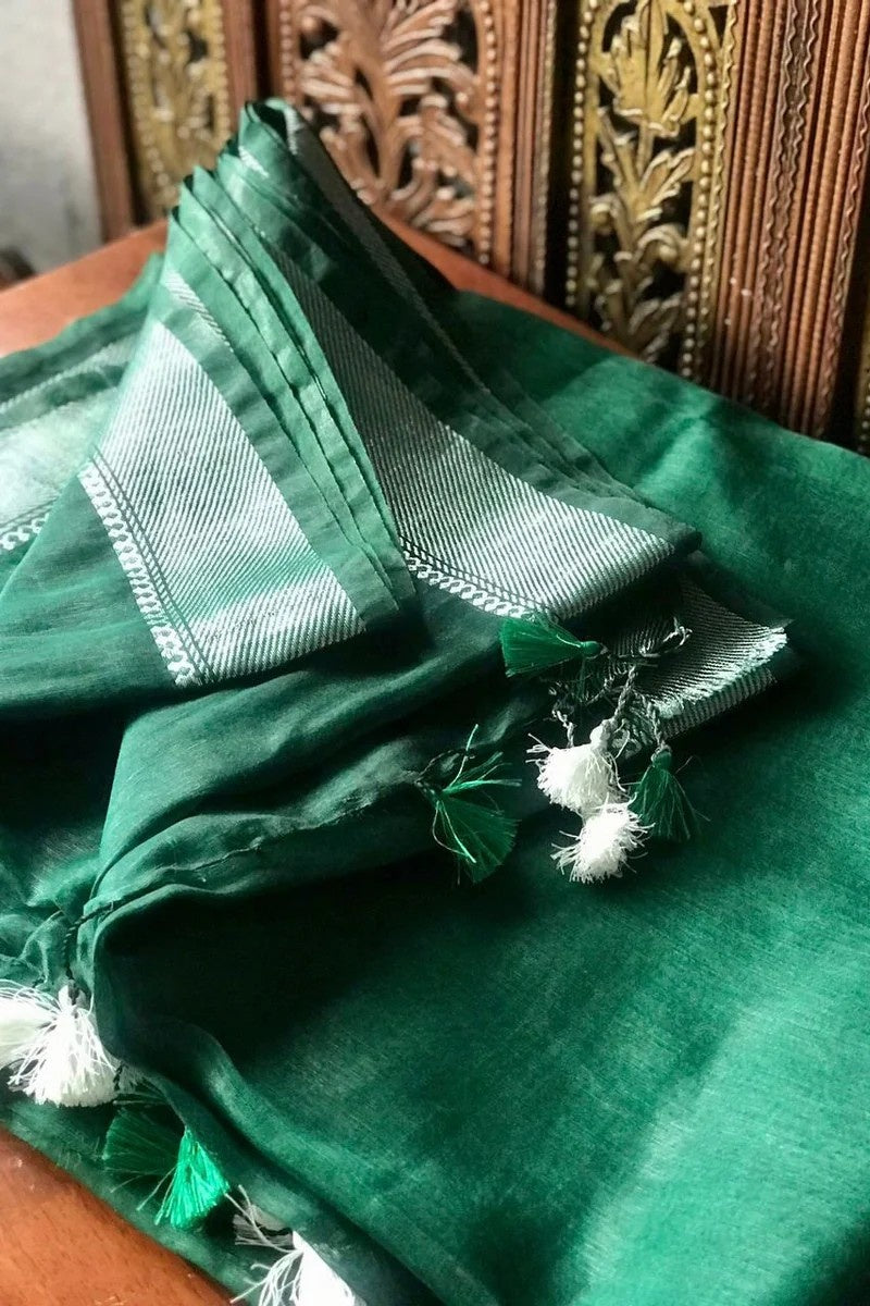 green banarasi silk linen saree - linenworldonline.in