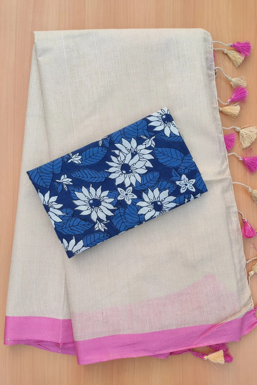 madhuri off white pure cotton saree with printed blouse - linenworldonline.in
