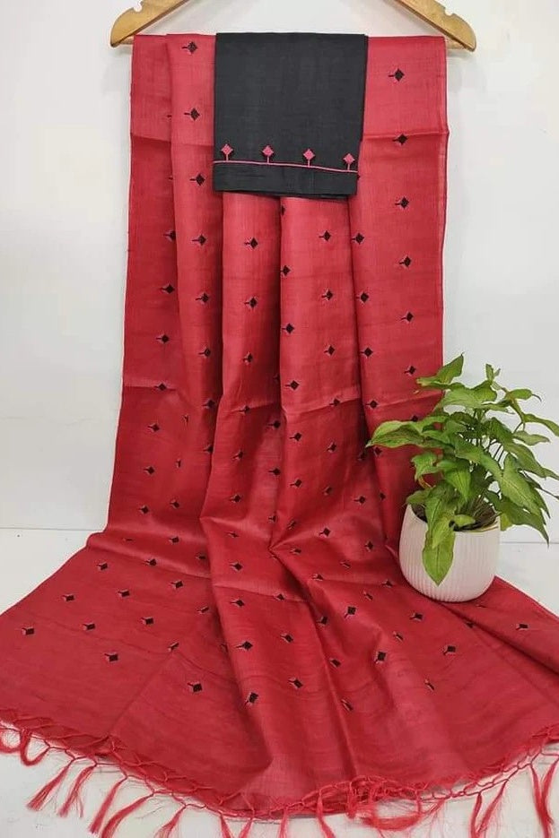 red digital embroidered katan silk saree - linenworldonline.in