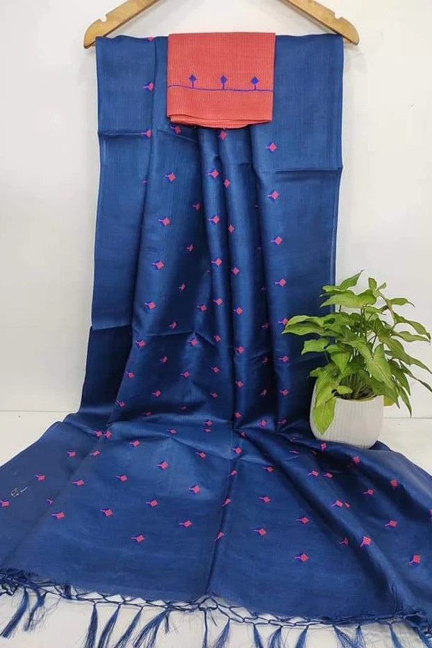 royal blue digital embroidered katan silk saree - linenworldonline.in