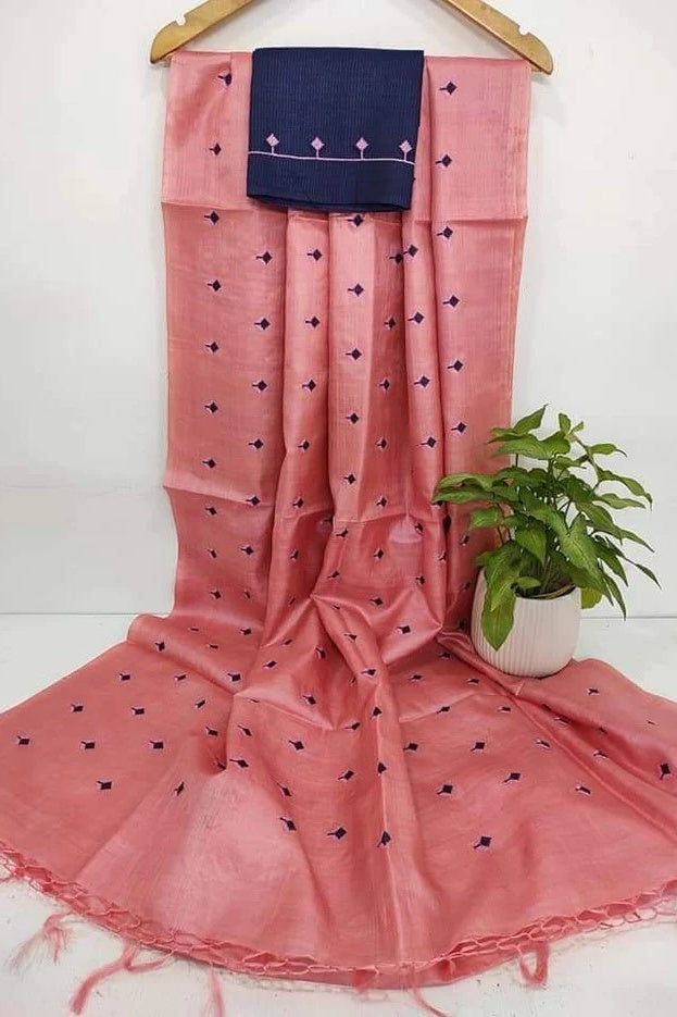peach digital embroidered katan silk saree - linenworldonline.in