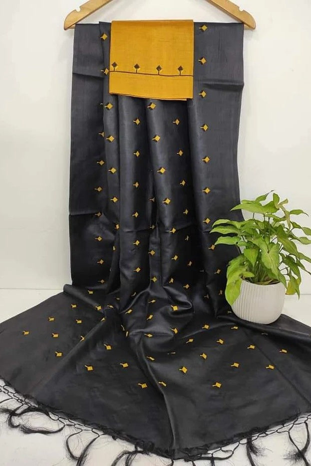 black digital embroidered katan silk saree - linenworldonline.in