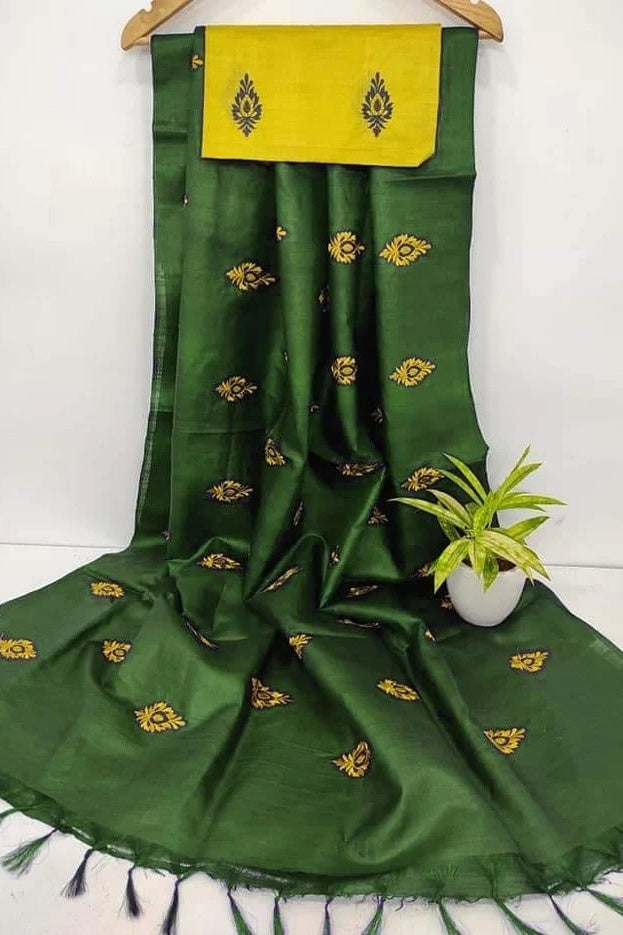 green digital embroidered katan silk saree - linenworldonline.in