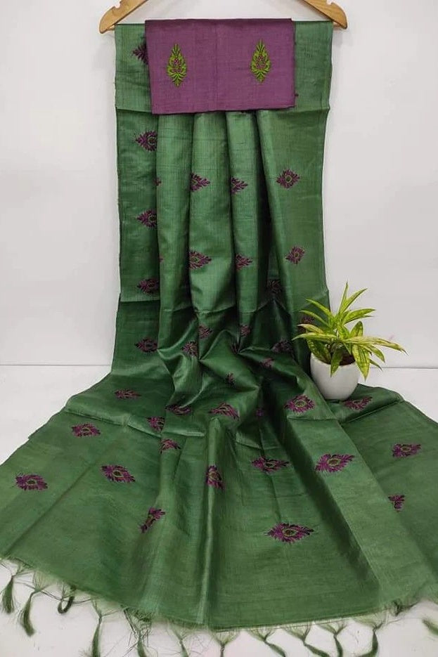 green digital embroidered katan silk saree - linenworldonline.in