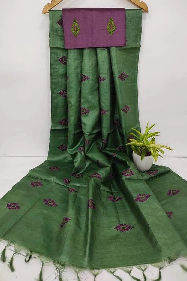 green digital embroidered katan silk saree - linenworldonline.in