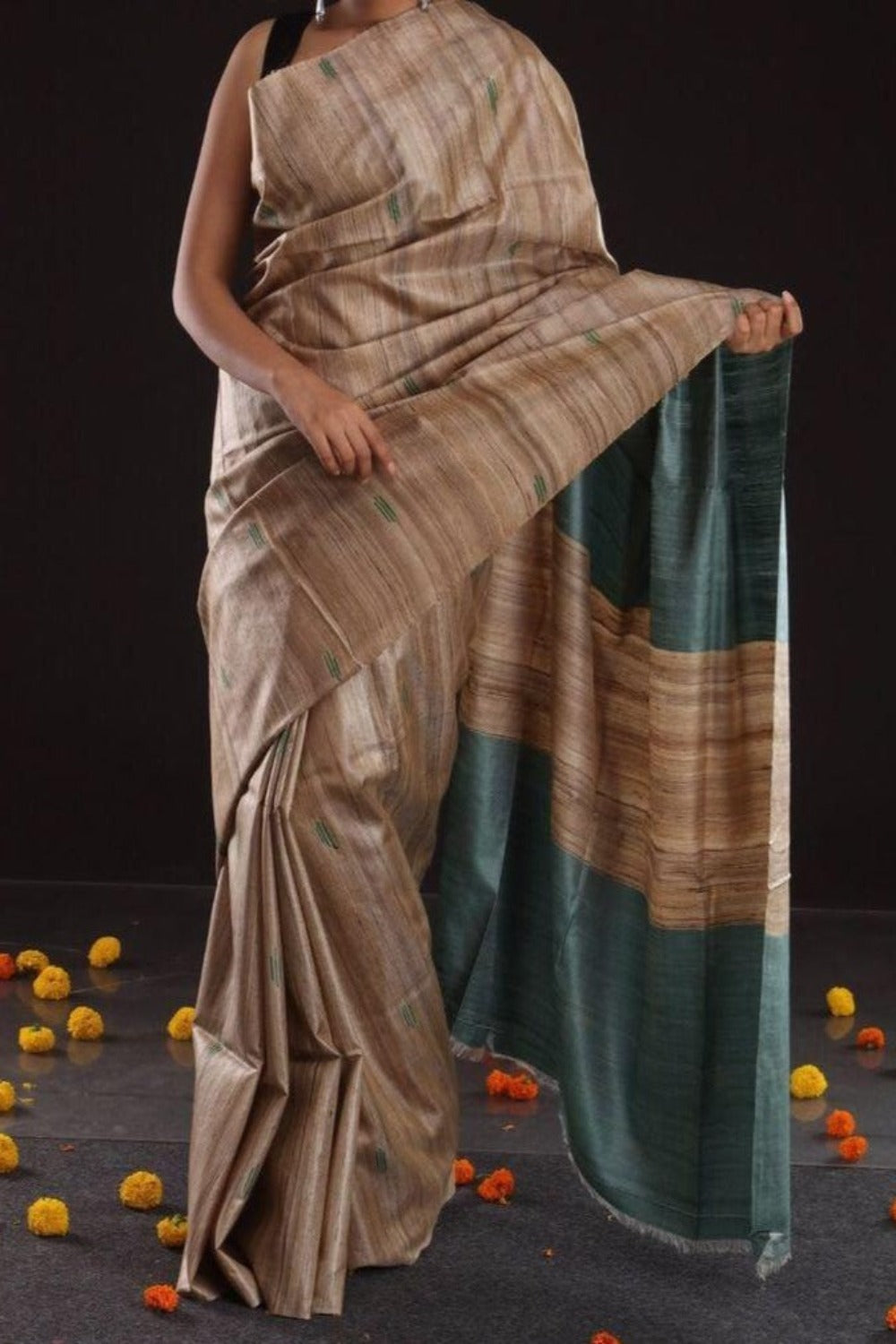 Pure Bhagalpuri Tussar Ghicha Handwoven Capsule Silk Saree - Linen World