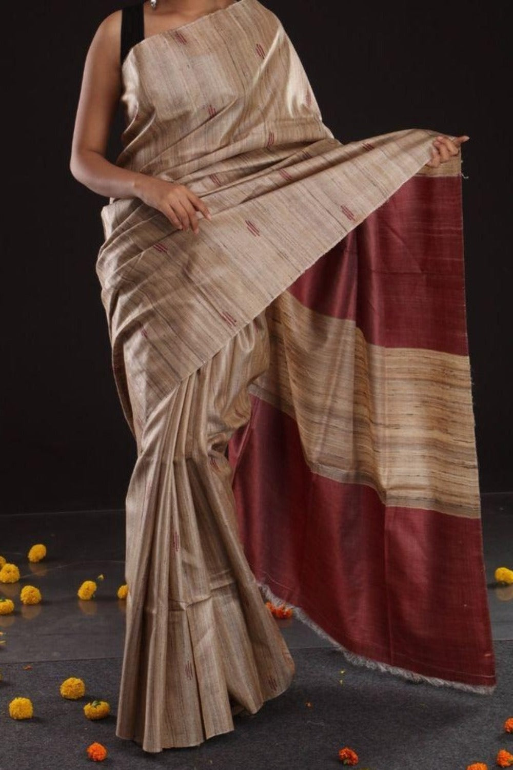 Pure Bhagalpuri Tussar Ghicha Handwoven Capsule Silk Saree - Linen World