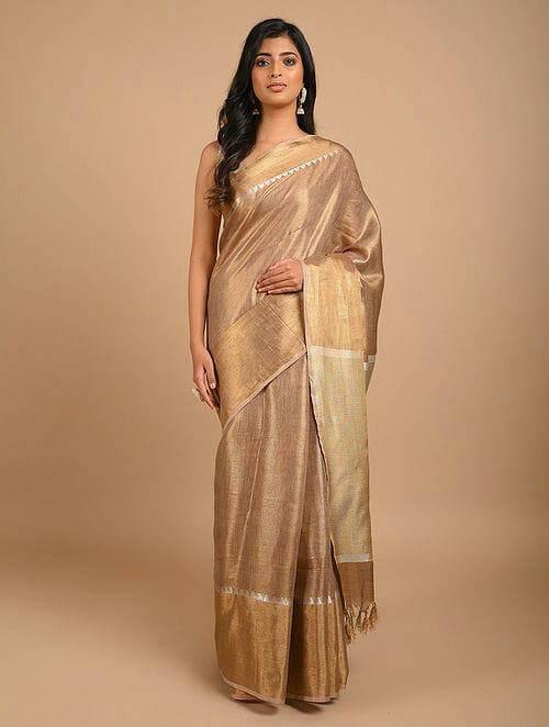 beige zari linen saree