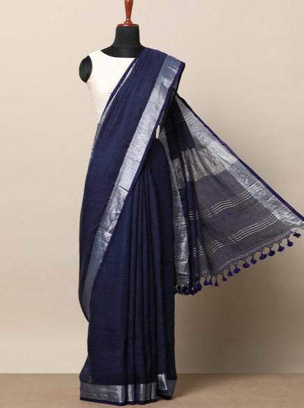 navy blue pure linen saree