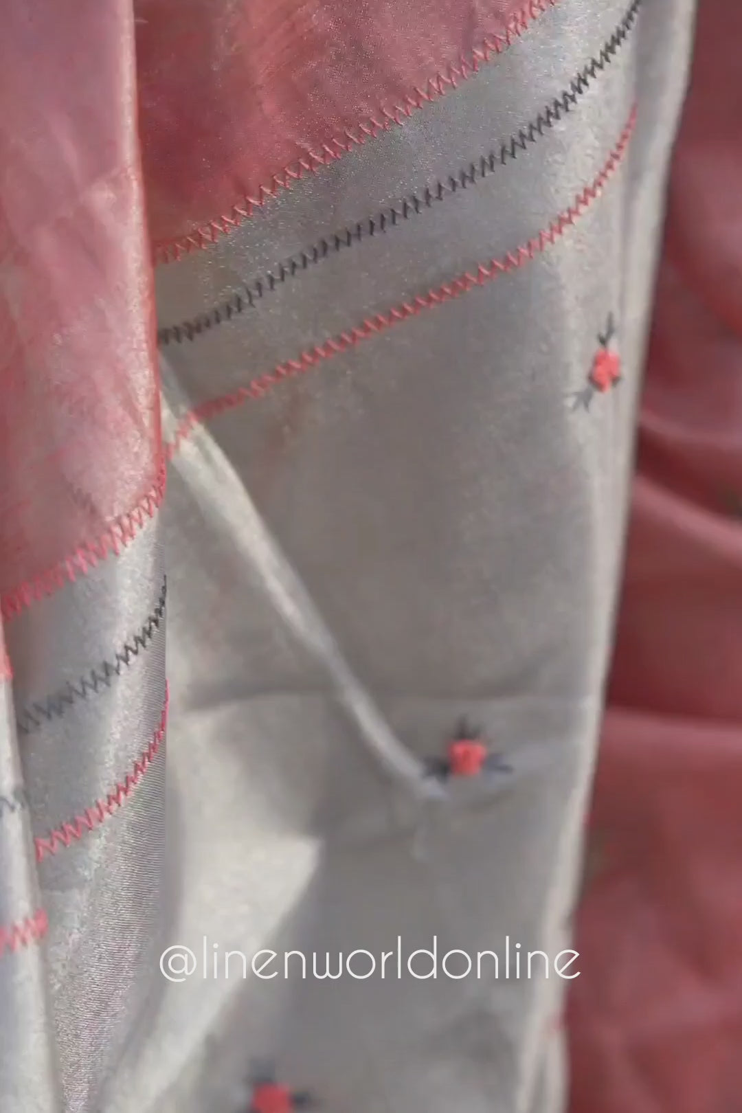 evelyn - peach zari linen french knot saree - linenworldonline.in