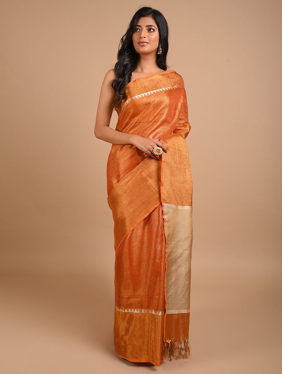 zari linen orange tissue saree