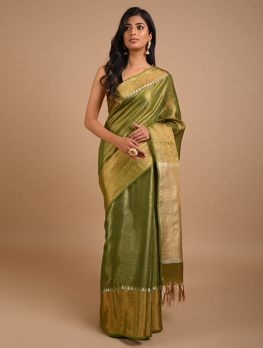 reen zari linen saree