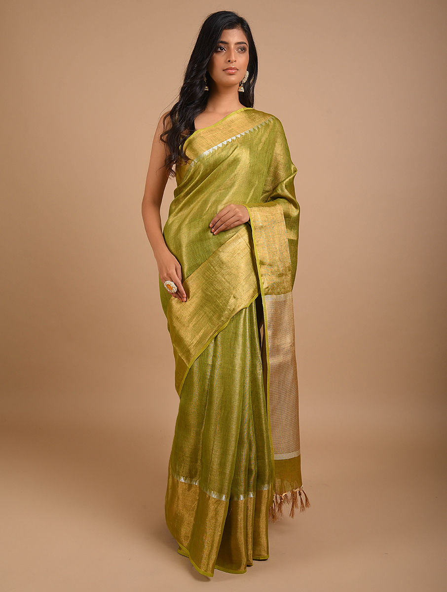 green zari linen saree