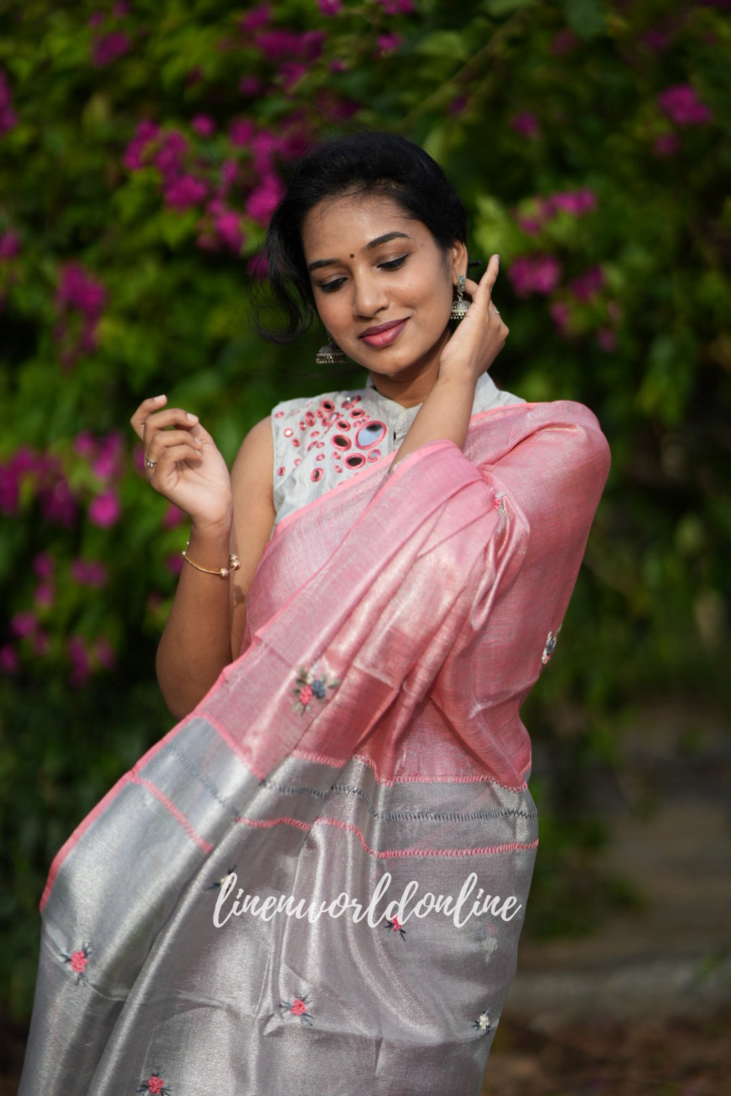 evelyn - peach zari linen french knot saree - linenworldonline.in