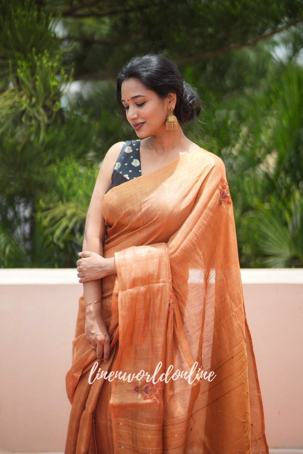 charlotte - copper pure zari linen french knot saree - linenworldonline.in
