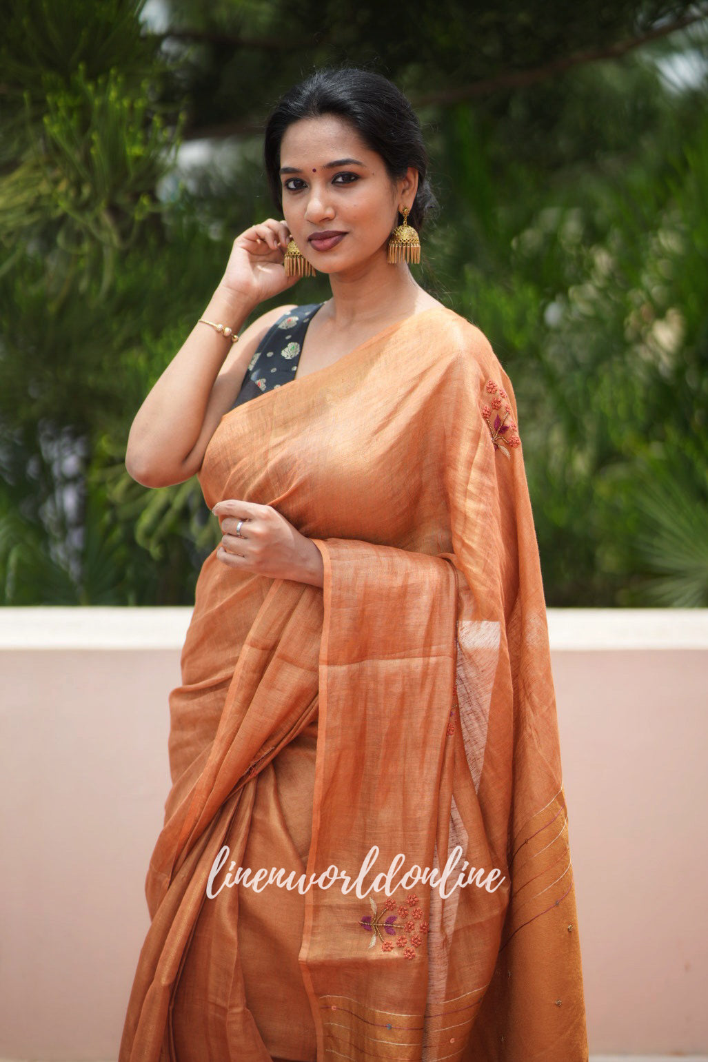 charlotte - copper pure zari linen french knot saree - linenworldonline.in