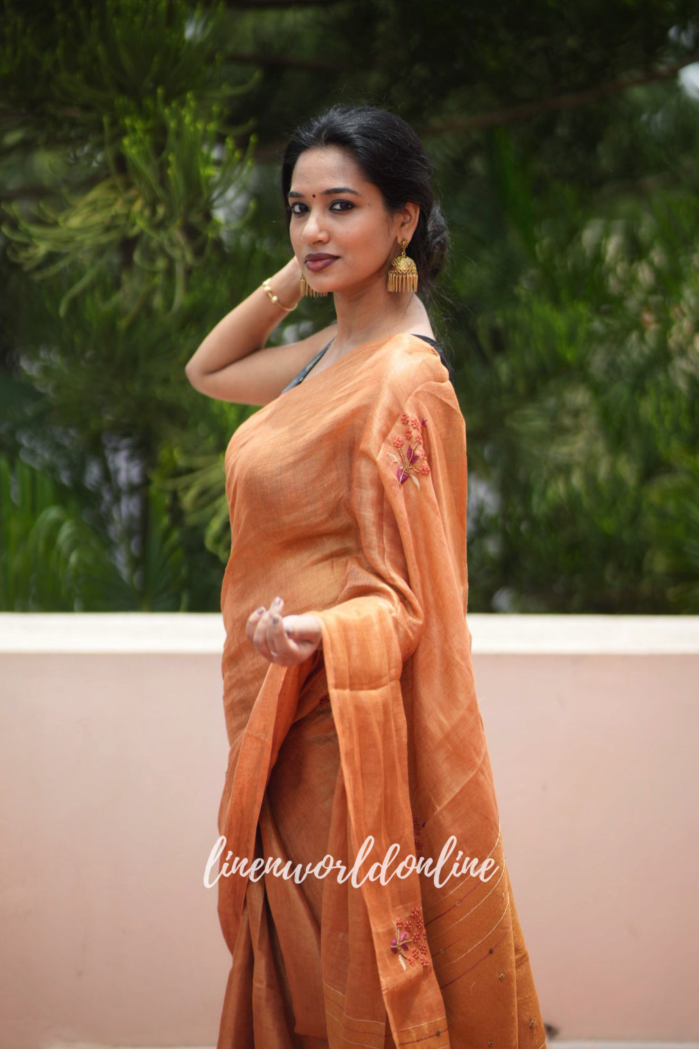 charlotte - copper pure zari linen french knot saree - linenworldonline.in