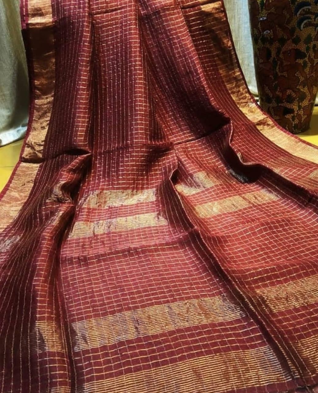 brown checkered linen saree