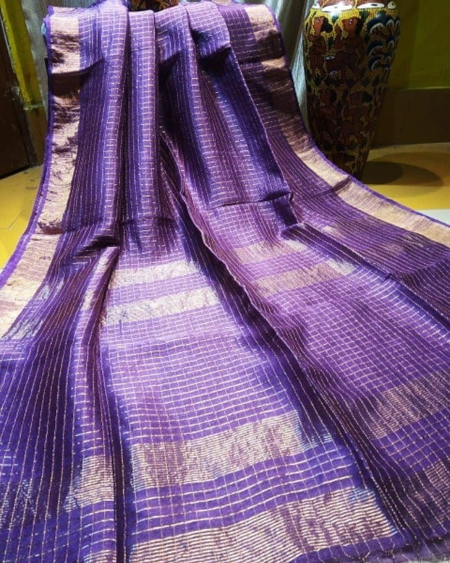 purple checkered linen saree