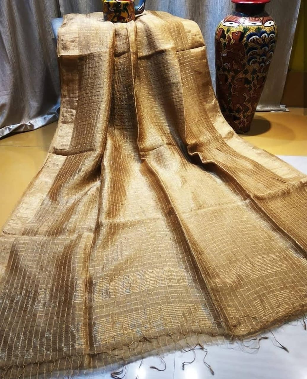 pale taupe checkered linen saree