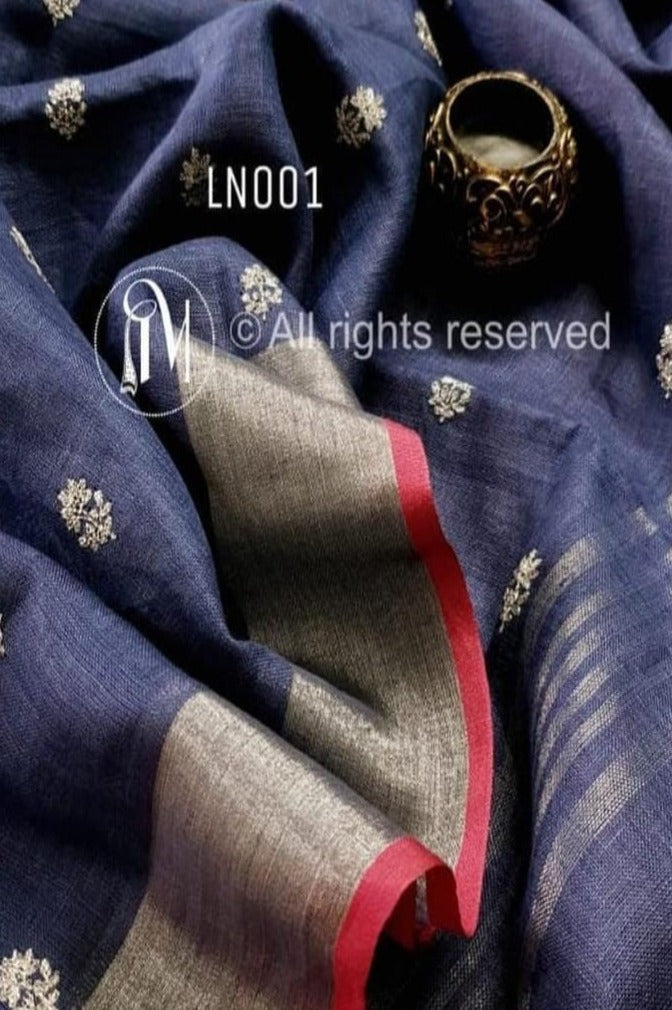 blue embroidered handloom pure linen saree - linenworldonline.in
