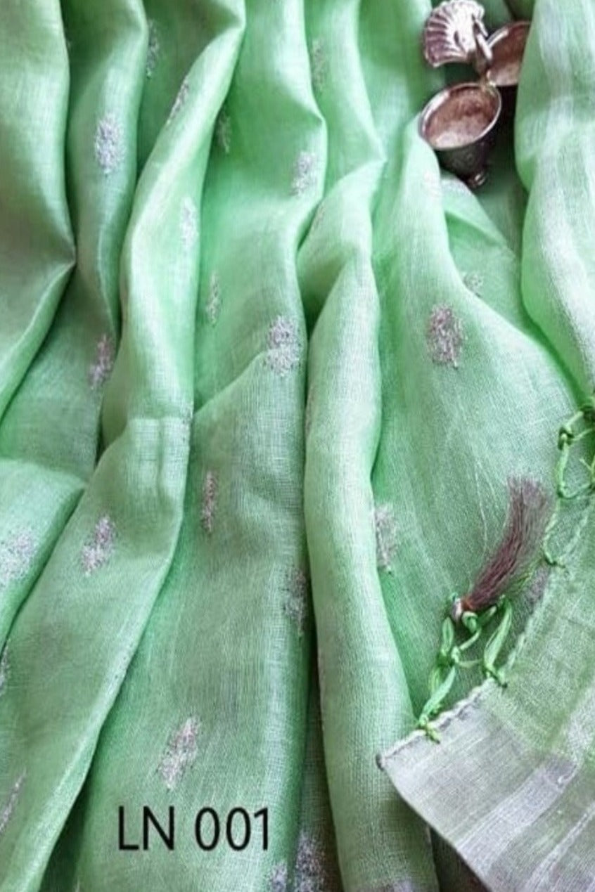 sea green embroidered handloom pure linen saree - linenworldonline.in