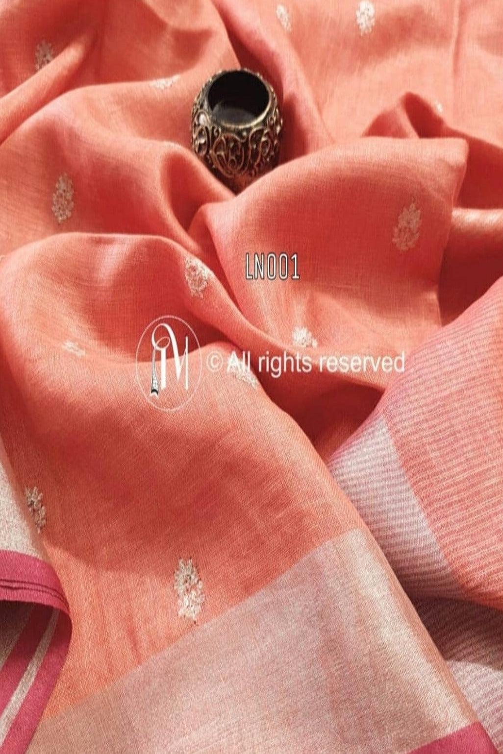 peach embroidered handloom pure linen saree - linenworldonline.in