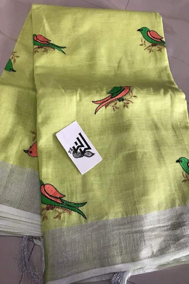 pale green embroidered handloom woven pure linen saree - linenworldonline.in