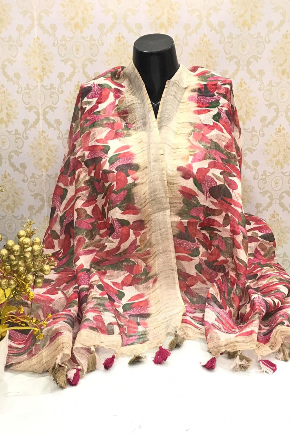 beige red digital printed scarf - linenworldonline.in