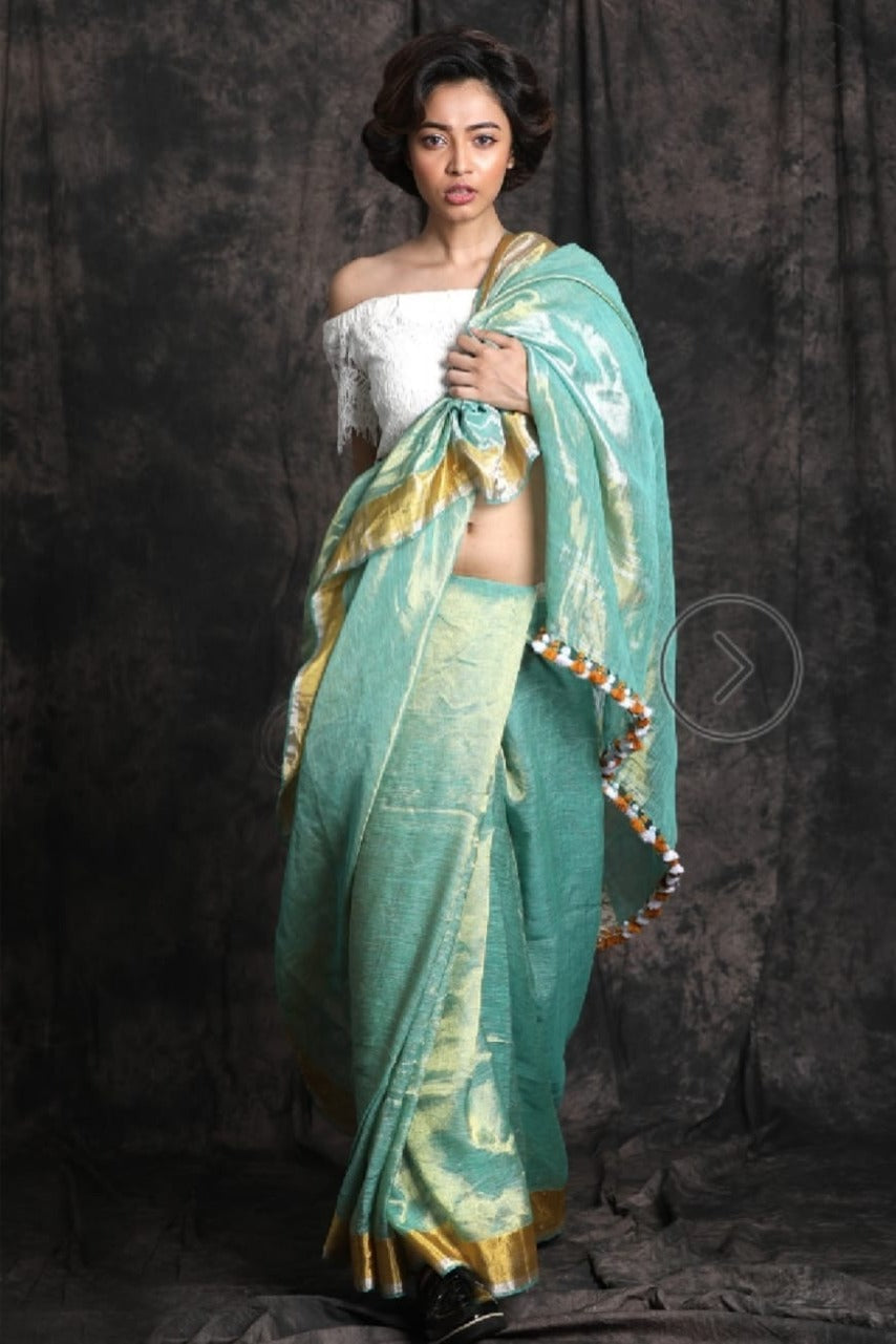 shadow green handloom zari linen saree - linenworldonline.in