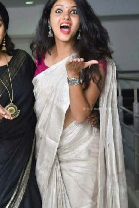 silver handloom zari linen saree - linenworldonline.in